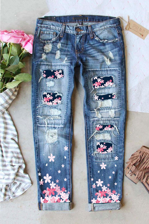 Sky Blue Cherry Blossom Pattern Splicing Mid Waist Distressed Jeans